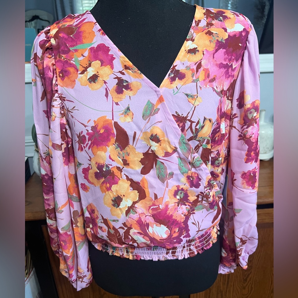 CeCe Floral Wrap Blouse in Pink and Orange NWT